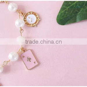 Enamel Rabbit Pumpkin Carriage the Playing Cards Clock Charms Bracelet Pearl Linked Bracelet With Assorted Charms thumbnail-4
