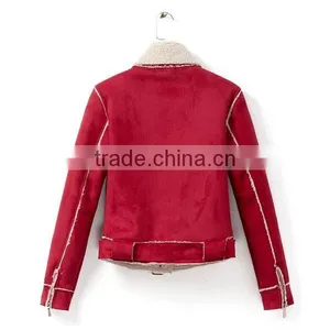 Factory Supply Thick Shearling Red Women Biker Jacket thumbnail-3