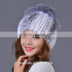 100% Real Knitted Mink Fur Hat With Large Silver Fox Fur Pom Poms Beanies Elegant Women Natural Fur Cap thumbnail-4
