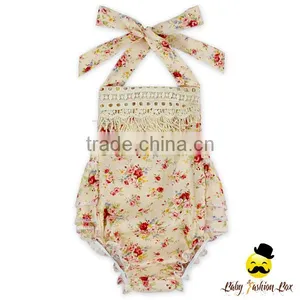 White And Blue Little Flower Printed Halter Fringe Model Design Infant Newborn Clothes Baby Girl Floral Ruffle Romper Vintage thumbnail-3
