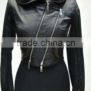 Lady Hooded Lamb Nappa Leather Jacket Oblique Zipper thumbnail-1