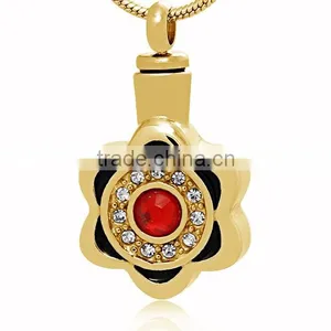 18K Gold Flower Shape Red Crystal Stainless Steel Cheap Cremation Jewelry for Ashes Pendant thumbnail-1