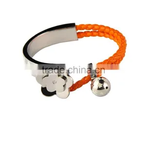 Charm Stainless Steel Orange Leather Bangle 316L Leather With Flower and Ball Pendant thumbnail-1