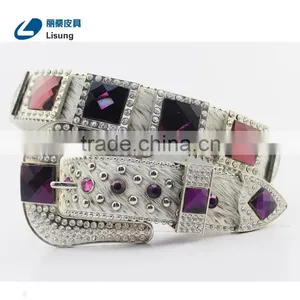 Purple Crystal Full Rhinestone Buckle Horse Hair Hide Western Cowgirl Belt thumbnail-1