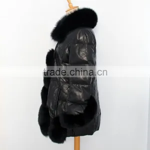 Popular Fashion Ladies Natural Leather Coat With Fox Fur Trim thumbnail-3