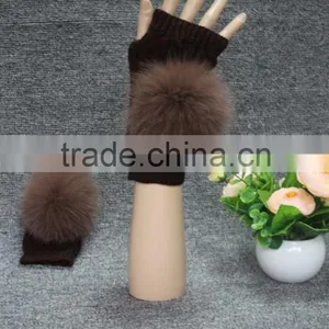 Ladies Knitted Hand Gloves Custom Style Fox Fur Pompom Women Wool Knit Winter Gloves thumbnail-1