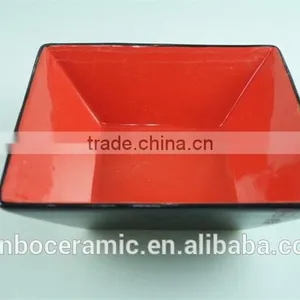 Square Japanese Noodle Bowl Red & Black Ceramic Stoneware, Large Ceramic Salad Bowls Japanese Style thumbnail-1