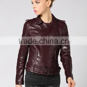 Newest German Style Lady Pure Lambskin Trendy Red Wine Leather Jacket thumbnail-3