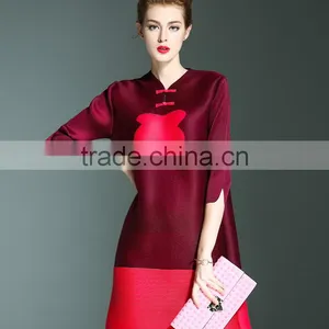 Retro Pleat Chinoiserie Printed Ladies Large Size Dress With Two Buttons thumbnail-4