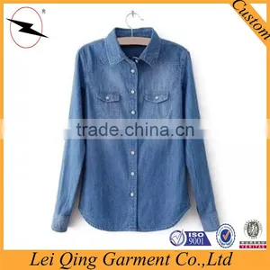 Two Pockets Garment Wash Denim Shirt Women thumbnail-1