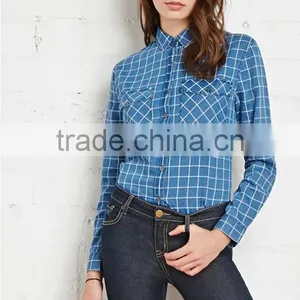 2015 Custom Women's Blue Plaid Long Sleeve 100% Cotton Flannel Shirt thumbnail-2
