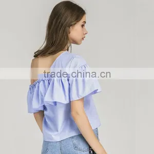 HOT Style Plaid Flouncing Short Sleeve, Women Sexy One-shoulder Blouse thumbnail-2