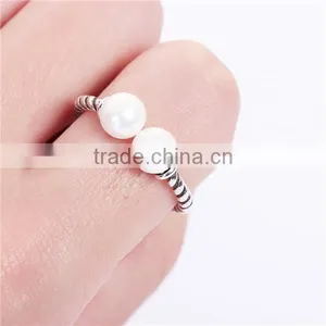 White Copper Cable Twisted Open Rings Antique Silver White Acrylic Imitation Pearl Spiral thumbnail-3