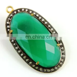 Green Onyx Pave Set in White Topaz, Gold Vermeil Over Sterling Silver, 34x21 Mm,1 Piece thumbnail-1