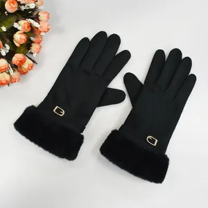 Thick Winter Warm Gloves Suede Gloves Mitten With Leather Fur thumbnail-2
