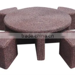 Round Table and Stool Set of 5pcs/water Hyacinth Stool and Table/wood Frame thumbnail-1