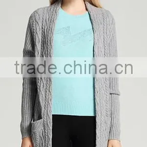 Women's Most Popular Gery Cable Knit Cashmere Sweater Cardigan With Side Pockets thumbnail-3