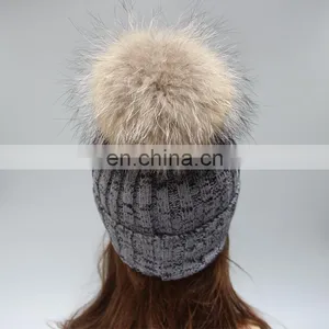 Winter Lady Knit Beanie Hat With Real Raccoon Fur Ball thumbnail-4