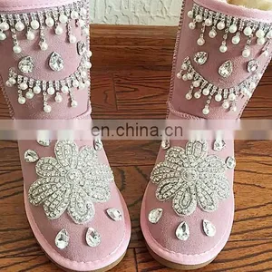 Aidocrystal Boot Women Shoes 2017 New Hot Rhinestone Pearl Warm Fur Half Snow Winter Boots Size 12 thumbnail-1