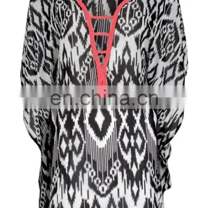2015 Wholesale Factory Price BEADED NECK PRINTED KAFTAN Slim Embroidered Poncho/ Short Kaftan For Women Summer Wear thumbnail-3