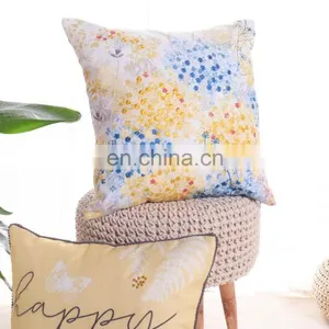 Home Decorative Digital Print and Embroidery Warm Light Yellow Happy Slogan Cushions Covers Pillow Cases With Pom Pom thumbnail-1