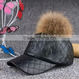 Fashion Plaid Sport Hat With Real Raccoon Fur Balls PU Leather Snapback Baseball Caps With Animal Fur Pompoms thumbnail-6