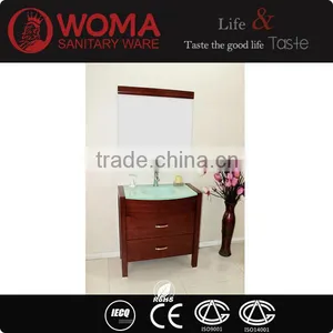 Glass Wash Basin Red Color Wood Cabinet Solid Wood Bathroom Furniture No.1004B thumbnail-1