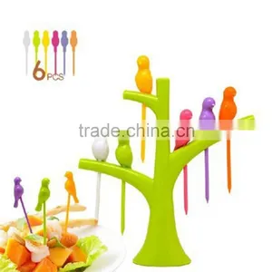 New Creative Tree+birds Design Plastic Fruit Forks 1 Stand+6 Forks thumbnail-1