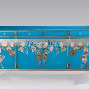 Antique Hand Carved Classic Curio Cupboard Inlaied Seasell Mosaic, Gold Gilding Wooden Display Cabinets With Flowers Paint Motif thumbnail-6