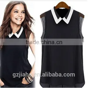 Fashion Cheap 2015 Women Clothing Shirts Spring Summer Chiffon Blouse Turn Down Collar Sleeveless Shirt Black White Plus Size thumbnail-1