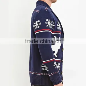 Navy Shawl Collar Long Sleeve Snow and Deer Patterns Cardigan Ugly Christmas Sweater thumbnail-3