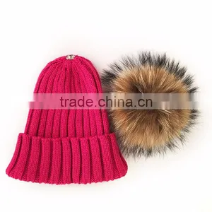 Myfur Hot Pink Ladies Winter Fashion Wool Knitting Hat With Dyed Raccoon Fur Bobble thumbnail-3