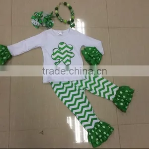 2015 New Baby Girls Shamrock Pant Top Set Outfits With Matching Necklace and Bow Set thumbnail-1