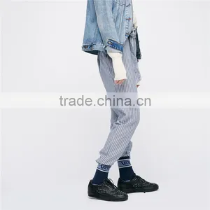 Ladies Navy Blue Jogger Pants Cotton-linen Wide Striped Trousers thumbnail-2