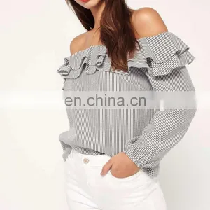 OEM Petite Stripe Chiffon Off Shoulder Top, Latest Design Double Layer Frill Top And Blouse thumbnail-1
