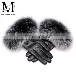 Warm Real Leather Glove With Big Genuine Fox Fur Beautiful Glove thumbnail-1