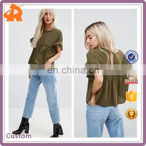 China Product Women Fashion Navy Blue Smock Top With Ruffle Sleeve thumbnail-1