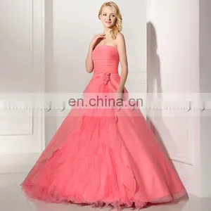 Gorgeous Strapless Sleeveless Lace-Up Organza Ruffles Coral Color Ball Gown Prom Dresses SD364 thumbnail-3