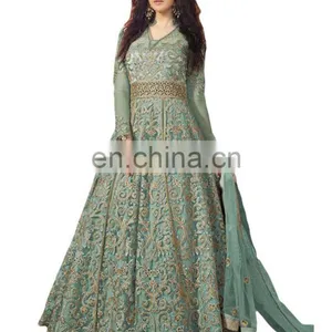 2017 Wedding Engagement Wear Turquoise Color Net Anarkali Style Lehenga (Semi-Stitched) thumbnail-1