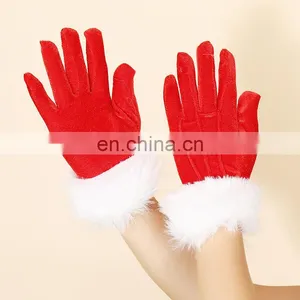 Fashion Style Party Decoration Women Ladies Teen Short Gold Velvet Santa White Fur Mouth Red Christmas Gloves thumbnail-1