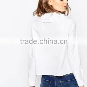 2016 Summer Long Sleeve Ladies Ruffle Neck White Shirt thumbnail-2