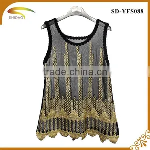 Latest Summer Loose Casual Fashion Crochet Lace Blouse Embroidered Lace Sleeveless Women Tops Blouse thumbnail-3