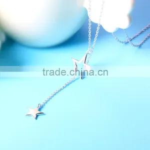 Anniversary Sterling Silver Personalized Double Star Fancy Long Chain Necklace thumbnail-4