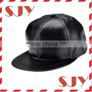 Blank Wholesale Flat Brim 6 Panel PU Leather Snapback Baseball Hat thumbnail-1