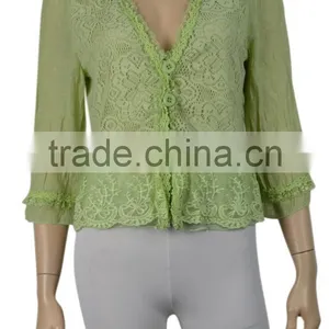 Trimming Lace Buttoned Shirt Green / Light Green Linen Blend Lace Front Closure Jacket thumbnail-3
