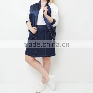 Plus Size Jackets 100% Polyester Blue Colour Block Zipper Bomber Jacket Women Plus Size Winter Coats With Raglan Sleeves thumbnail-4