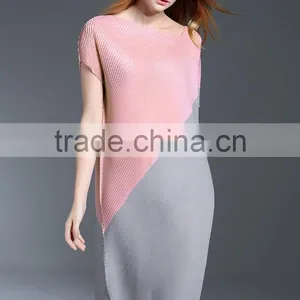 Women Pleat Trendy High Low Hem Design Sloping Shoulder Dress thumbnail-2