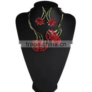 Big Brand New Design Metal Painting Carnations Necklaces Earrings Jewelry Sets for Women thumbnail-4
