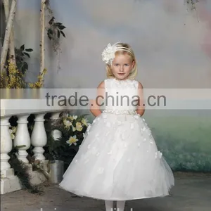White Flowers High Neck Gown Kids Party Wear Dresses for Girls thumbnail-2
