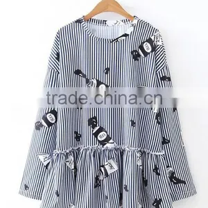 Runwaylover EY2374B Latest Designs Women Formal Blouse Blue Stripe Crane Print Animal Print Drop Shoulder 3/4 Sleeve Blouse thumbnail-3